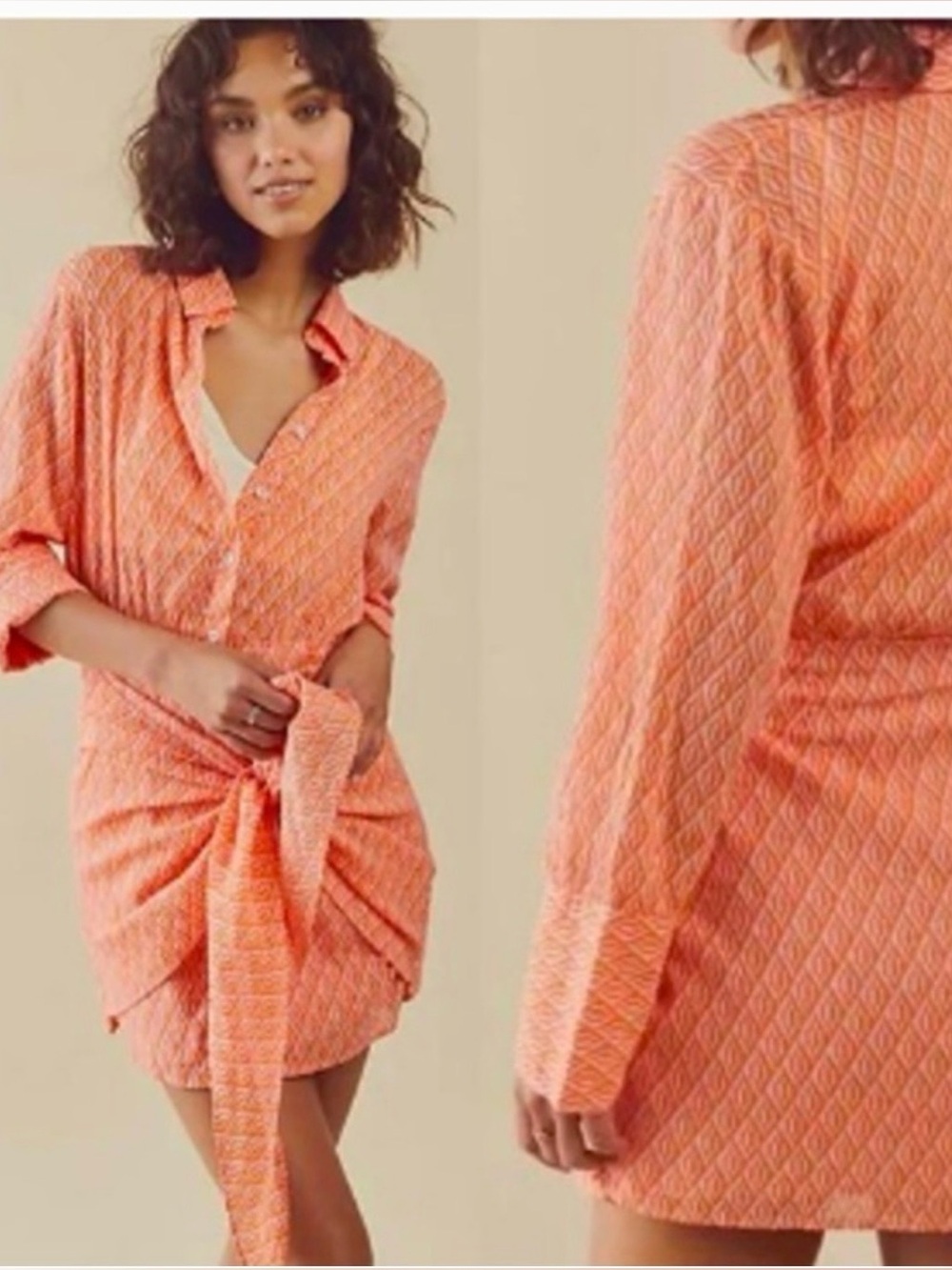 Free People Rillo Beach Shirtdress - Peach Coral Print vacation size small